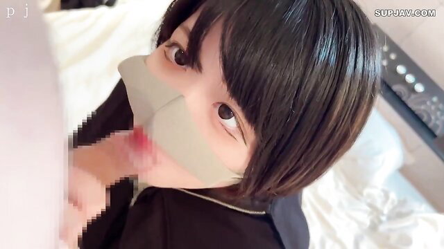 Japanese bob haircut girl in school uniform gagged with tape, fingered closeup