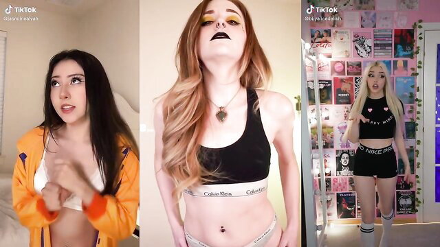 Three hot TikTok teens in bikinis and crop tops tease in splitscreen PMV
