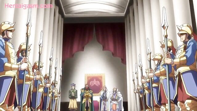 Demon hentai throne room with armored guards and robed royalty