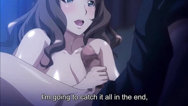 Anime girl with long brown hair eagerly catching cum on face and tits in JAV scene