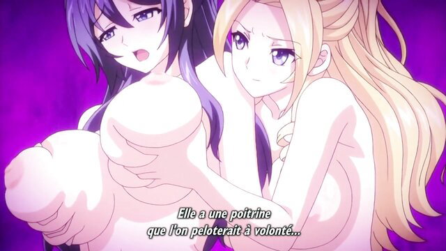 Busty anime girls with huge tits embracing nude in hentai scene