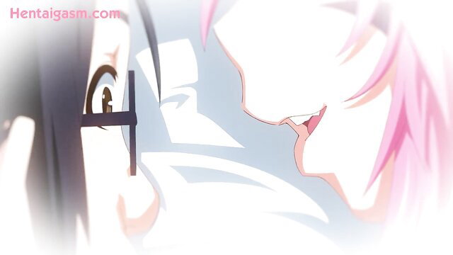 Catgirl hentai close-up: pink-haired neko licks lips, black-haired girl whispers seductively