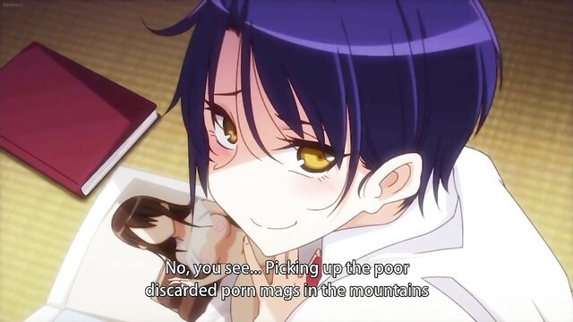 Anime girl with purple hair picks up discarded porn mag in mountains JAV scene