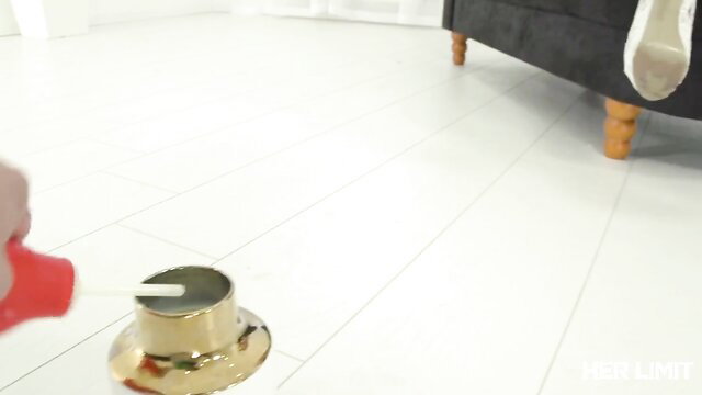 Tina Kay in sexy dress blows cock near gold hat, rough sex tease