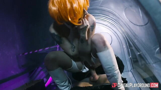 Orange-haired cosplay babe in white stockings squats nude in sci-fi tube