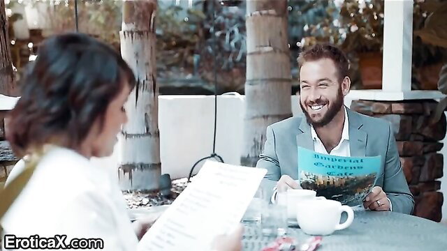 Adriana Chechik in tight white dress rides cock at outdoor table