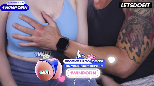 Lexi Luna in blue sports bra groped by tattooed yoga instructor