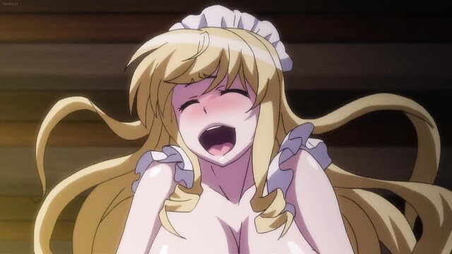 Blonde maid in frilly uniform ahegao face, exposed tits ecstasy moan