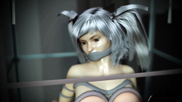 Gagged gray-haired anime babe bound topless in glass cage hentai thumbnail
