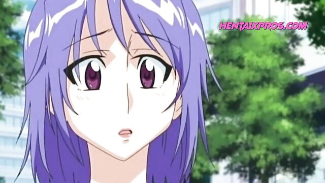Purple-haired hentai girl with shocked expression in threesome tease