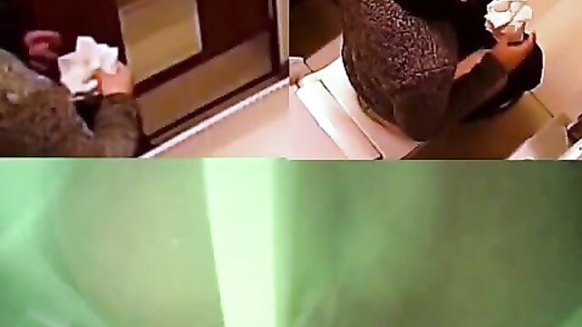 Japanese woman on toilet in bowlcam view, holding tissue, upskirt bathroom voyeur