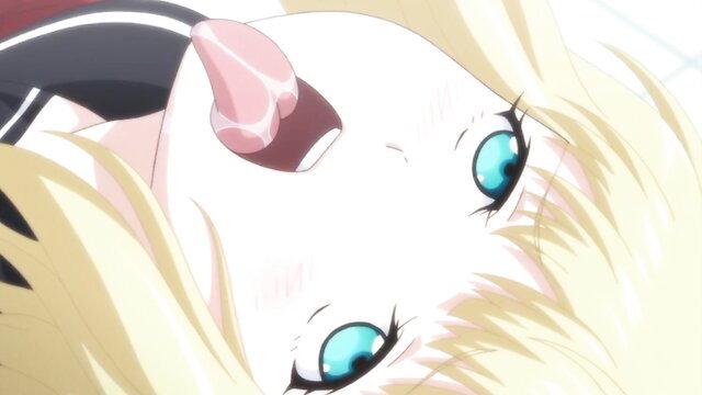 Blonde Russian anime girl with tongue out, ahegao face closeup