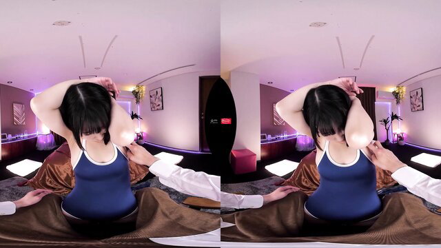 Asian babe in blue tank top, arms up, man groping from behind in VR POV