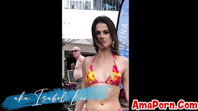 Hot Latina Isabel Lee in skimpy yellow floral bikini at beach