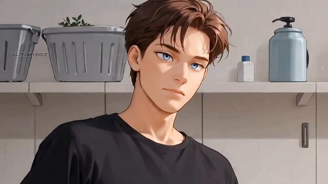 Handsome young man with blue eyes in black tee, laundry room tease