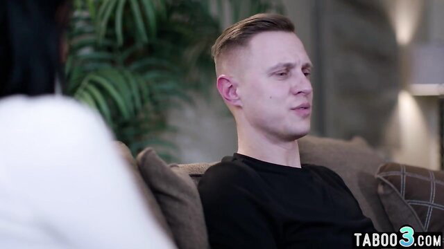 Reagan Foxx mature stepmom gets close to stepson on couch