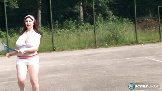 Karina Hart sexy tennis outfit, huge tits overflowing top outdoors