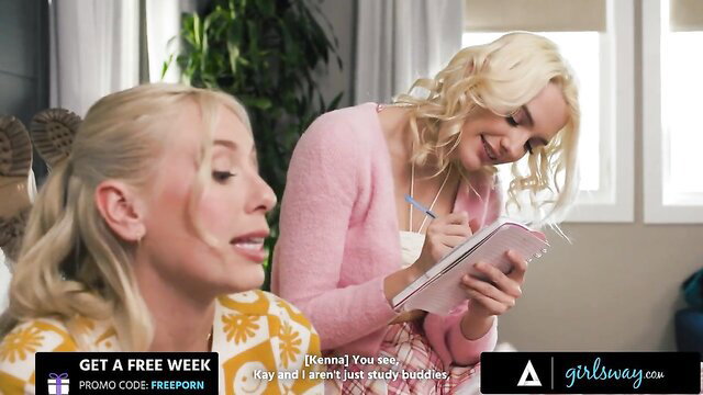 Blonde Kenna James and Kay Lovely study buddies in lingerie