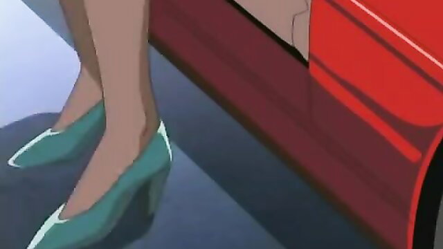 Animated MILF legs in green heels stepping out red car in mansion
