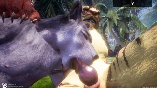 Furry beast threesome: tiger, bear suck huge purple cock in jungle