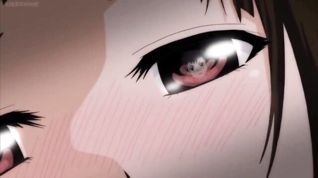 Anime hentai closeup of woman's flushed eye reflecting tiny girl, uncensored Paradise of Innocence