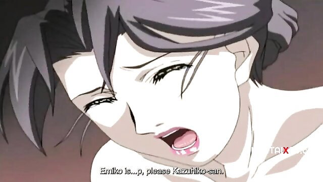 Anime stepmom Emiko begs Karizako with open mouth in hentai sex scene