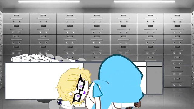Blonde anime girl bent over desk with blue monster behind in office