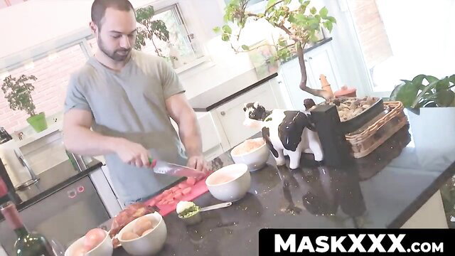 Big cocked hunk wanks post-cooking in kitchen on MaskXXX