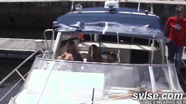 Young French exhibitionist teens join guy on boat in bikinis