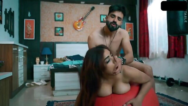 Indian couple hardcore sex, busty woman rides muscular man cowgirl