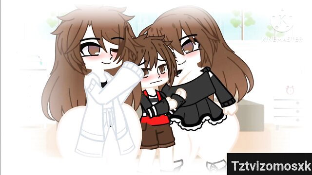 Gacha Club anime sisters tease boy in lab coat snow hug, male fantasy tease