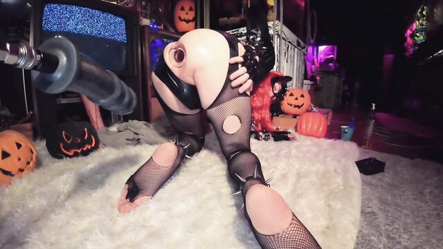 Tiffany Ciskiss punk sissy in fishnets rides XL dildo machine booty pounding