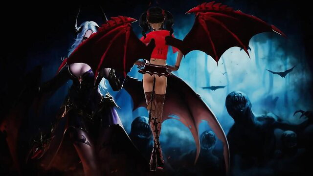 Red wing succubus in microskirt stockings with demoness zombies
