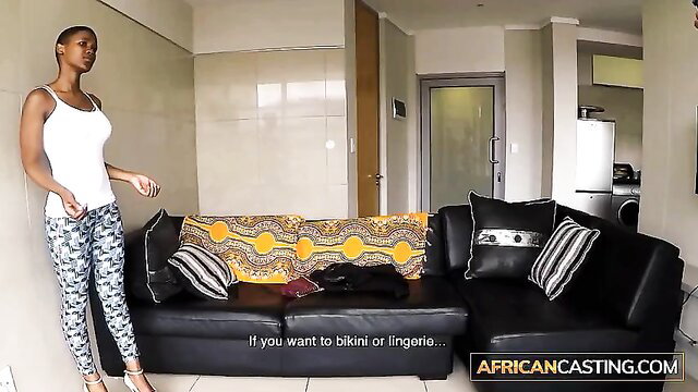 Sexy ebony babe in tank top and pants teases bikini lingerie casting