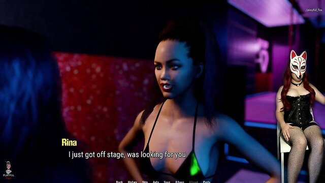 Sexy Asian stripper Rina in neon bikini after stage, looking seductive