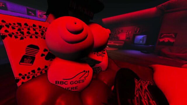 Red glowing giant BBC teddy bears groping huge tits in neon room