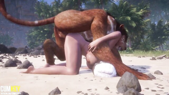 Busty woman breeds with huge furry beast on beach in 3D hentai