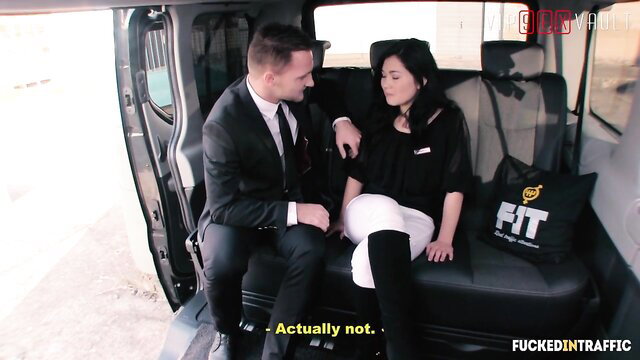 Petite Asian brunette in suit fucked rough in taxi by suited guy