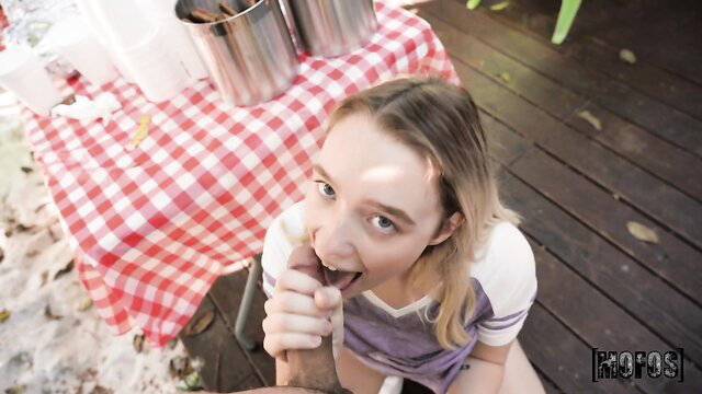 Juliette Mint sucks big black cock outdoors in Mofos interracial BJ