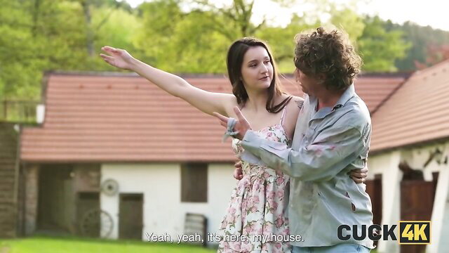 Kitana Lure in floral dress points to house with older man in cuck4k scene