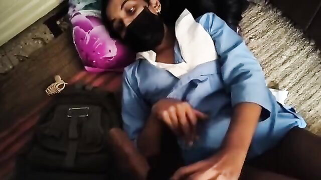 Indian stepsister in school uniform sleeping on floor after class