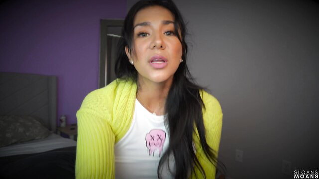 Sloansmoans hot Asian babe in yellow cardigan and skull tee, seductive bedroom tease