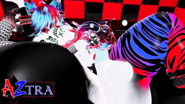 Cyan-haired anime catgirl in zebra stockings posing with clown helmet