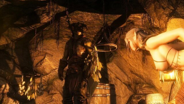Elf girl bound and submissive to orc brute in dark cave fantasy scene