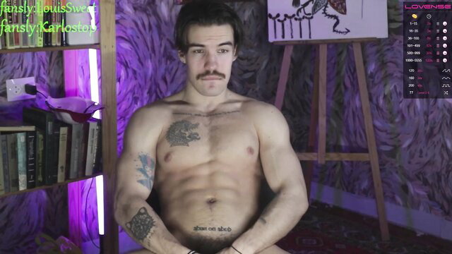Muscular shirtless man Karlos Murphy with mustache tattoos solo webcam tease