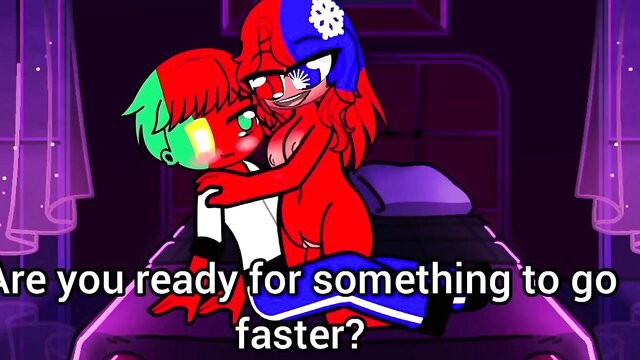 Red snowflake hair anime girl rides green hair twink on bed