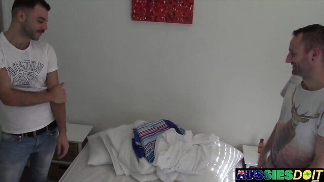 Aussie Lewis barebacked by Mason on bed, hot gay duo
