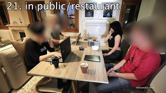 Alexandra Wett & friends laptop tease in public restaurant