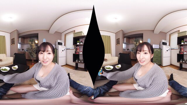 Asian VR JAV babe in sweater holding bowls, legs spread wide, 360 view