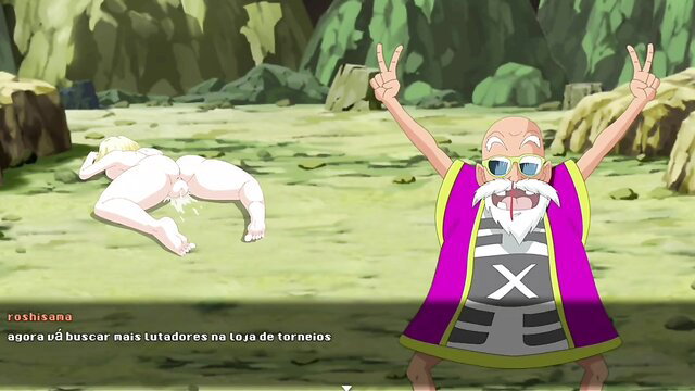 Master Roshi poses with nude pregnant Android 18 in Super Doxy Z parody